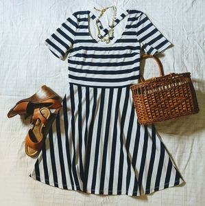 Navy and white striped fit and flare dress